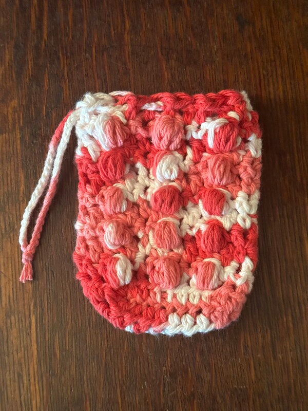 Pink Puff Stitch Cotton Crochet Soap Saver with Drawstring by Meegan Llanso, soap savers, spa gifts, handmade gifts